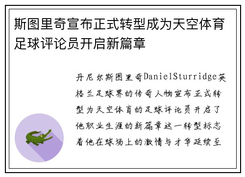 斯图里奇宣布正式转型成为天空体育足球评论员开启新篇章 斯图里奇宣布正式转型成为天空体育足球评论员开启新篇章